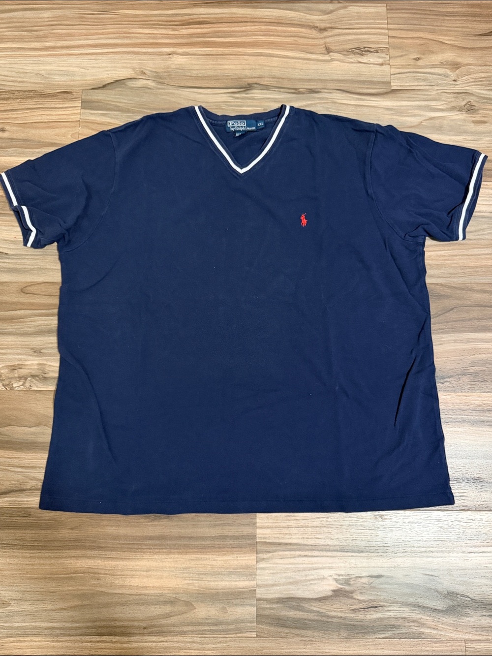 Vtg. 90s Polo Ralph Lauren Men’s XXL Navy V Neck Pique Tee White Tipping Preppy